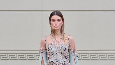 A delicately beaded look by Zeena Zaki