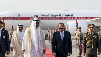 Sheikh Mohammed bin Zayed, Crown Prince of Abu Dhabi and Deputy Supreme Commander of the UAE Armed Forces (2nd L), is received by Abdel Fattah El Sisi, President of Egypt (3rd L), on April 10, 2018, upon arrival at Cairo international Airport, commencing an official visit. They are seen with Juma Al Junaibi, UAE Ambassador to Egypt (L). Rashed Al Mansoori / Crown Prince Court - Abu Dhabi
