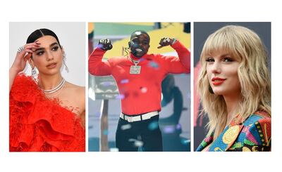 2021 Grammy Awards performers, from left: Dua Lipa, DaBaby and Taylor Swift. AP Photo, Getty Images