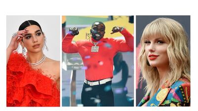 2021 Grammy Awards performers, from left: Dua Lipa, DaBaby and Taylor Swift. AP Photo, Getty Images