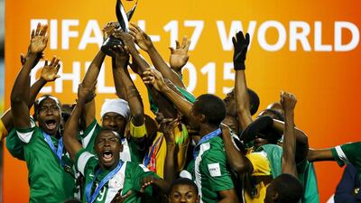 Nigeria’s U17 team celebrate their World Cup title on Sunday in Chile after defeating Mali in the final. Ivan Alvarado / Reuters