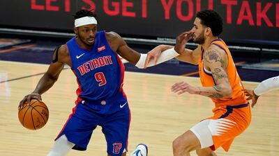 Abdel Nader attempts to guard Detroit Pistons forward Jerami Grant. AP