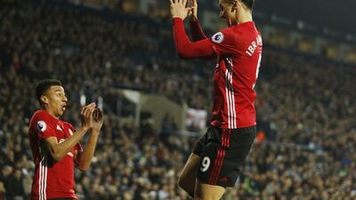 Manchester United’s Zlatan Ibrahimovic celebrates scoring their first goal with Jesse Lingard. John Sibley / Action Images / Reuters