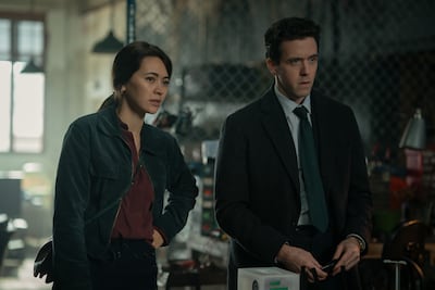 Jessica Henwick as reporter Helen Drew, and Ashley Zukerman as Congressman Daniel Keene. Photo: Apple TV
