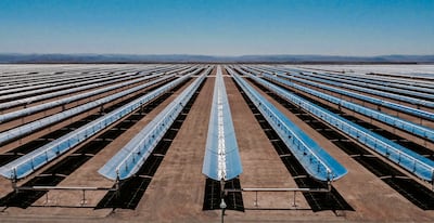 A field of parabolic dishes in Quarzazate, Morocco, over 3,000 hectares in the desert makes it the largest solar thermal energy power plant in the world. Getty Images