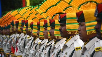 Indian paramilitary force personnel march pasts during the final dress rehearsal ahead of Independence Day celebration in Agartala, the capital of northeastern state of Tripura. Arindam Dey/AFP