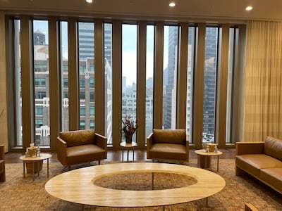 A seating area in front of a window overlooking New York at the UAE's UN mission. Bryant Harris / The National