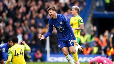 Mason Mount celebrates completing his hat-trick after scoring Chelsea seventh goal in the 7-0 win over Norwich City at Stamford Bridge. PA