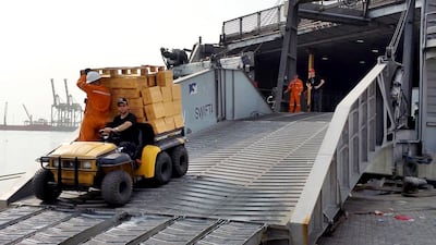 A UAE ship carrying humanitarian aid supplies arrived in the port of Aden on July 30, 2015. Wam
