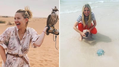 Left: Kate Hudson with a falcon in the Dubai desert. Right: Gwyneth Paltrow on the beach with a jellyfish. Instagram