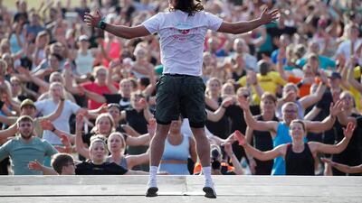 Fitness coach Joe Wicks attempted to beat the world record for a mass workout in Hyde Park, London on Wednesday. Reuters
