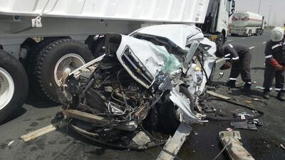 An accident on the Emirates Road in Dubai on September 10. A GCC national was killed in the accident. Courtesy Dubai Police