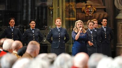 Katie Ashby and the D-Day Darlings perform 'The White Cliffs of Dover' during the Service of Thanksgiving for Forces' sweetheart Dame Vera Lynn at Westminster Abbey, London, on Monday. PA