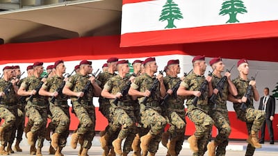 File photo: Lebanese army soldiers march before the president, prime minister, and parliament speaker during a military parade commemorating the 76th anniversary of Lebanese independence from France. AFP