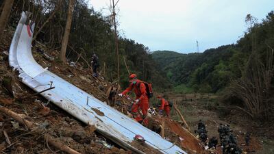 Emergency teams using sniffer dogs to find the black box after a plane crashed with 132 people on board in southern China's Guangxi Zhuang Autonomous Region. AP