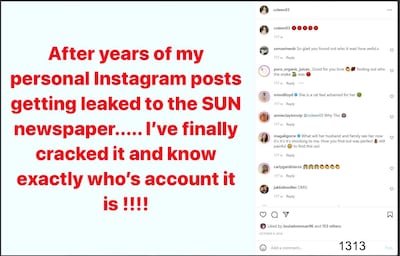 One of two posts from Coleen Rooney's private instagram made on the day of her viral public post accusing 'Rebekah Vardy's account'. PA