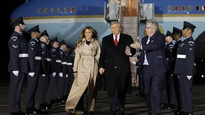 US President Donald Trump and first lady Melania Trump leave presidential flight Air Force One after arriving at Stansted Airport outside London for a state visit to the UK. Getty Images