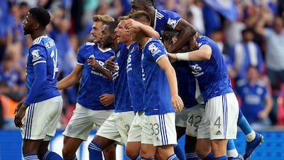 Leicester City's Kelechi Iheanacho celebrates scoring the winner in the Community Shield match against Manchester City at the Wembley Stadium.