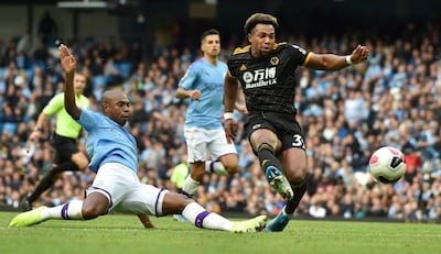Wolverhampton Wanderers' Adama Traore scores his second goal at Manchester City on Sunday. AP