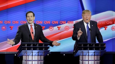 Republican presidential candidates Marco Rubio, left, and Donald Trump at a presidential primary debate at the University of Houston last month. David Phillip / AP Photo