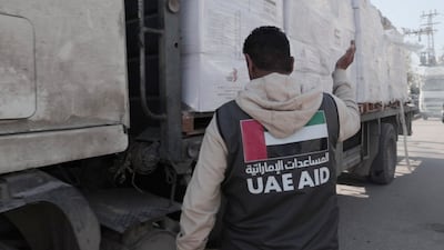 An Emirati aid convoy of lorries arrives in the Gaza Strip. Photo: Wam