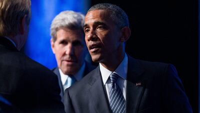 US president Barack Obama, accompanied by secretary of state John Kerry greets dignitaries after speaking at the Global Leadership in the Arctic: Cooperation, Innovation, Engagement and Resilience (GLACIER) Conference in Anchorage, Alaska. Andrew Harnik / AP