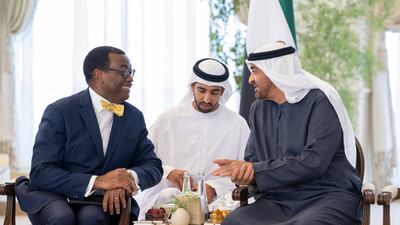 President Sheikh Mohamed meets Akinwumi Adesina, President of the African Development Bank Group, in Abu Dhabi. Photo: UAE Presidential Court