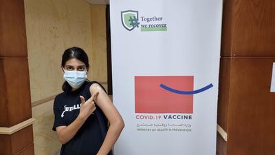 Riva Tulpule, a 15-year-old at Gems Modern Academy, received her first dose of the Pfizer-BioNTech vaccine. Courtesy: Riva Tulpule