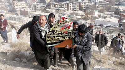 People attend the funeral of one of the victims of a suicide bomb attack, in Kabul, Afganistan, 28 January 2018. Hedayatullah Amid / EPA
