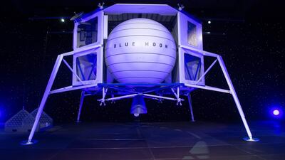 Blue Moon, a lunar landing vehicle, is announced by Amazon's chief executive Jeff Bezos during an event in Washington. AFP
