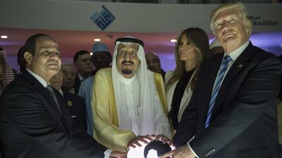 Former US President Donald Trump (R) and US First lady Melania Trump (2nd R), posing for a picture with Egyptian President Abdel Fattah El Sisi (L) and Saudi Arabia's King Salman bin Abdulaziz Al Saud during the inauguration of the Global Center for Combating Extremist Ideology "Etidal" in Riyadh. AFP