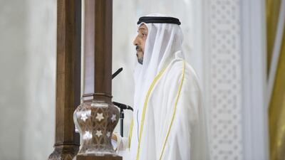 Dr Mohamed Matar Salem bin Abid Al Kaabi, Chairman of the UAE General Authority of Islamic Affairs and Endowments delivers the Eid Al Fitr sermon at Sheikh Zayed Grand Mosque. Ryan Carter / Crown Prince Court — Abu Dhabi