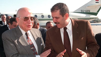 Fayez Tarawneh (R),the Jordanian Foreign Minister, greets Esmat Abdel-Meguid, the Arab League Secretary General, at Amman airport in February 1998. AFP