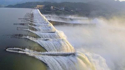 The overflowing Sardar Sarovar dam on the Narmada River in western India's Gujarat state.