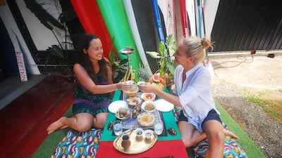 Digging into the dips at the Hummus Bar in Weligama. Alexandra Talty
