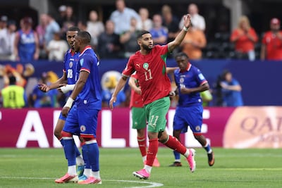 Ismael Saibari, centre, scored in all three of Morocco's 2026 World Cup group games. AFP