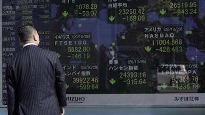 A pedestrian looks at an electronic stock board displaying the stock average outside a securities firm in Tokyo on Thursday. Bloomberg