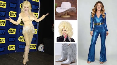 Big blonde hair, rhinestones and cowboy boots are the essentials for a Dolly Parton-inspired costume. Photos: FilmMagic; Mee Studio; creative minds; Lezhang shoes