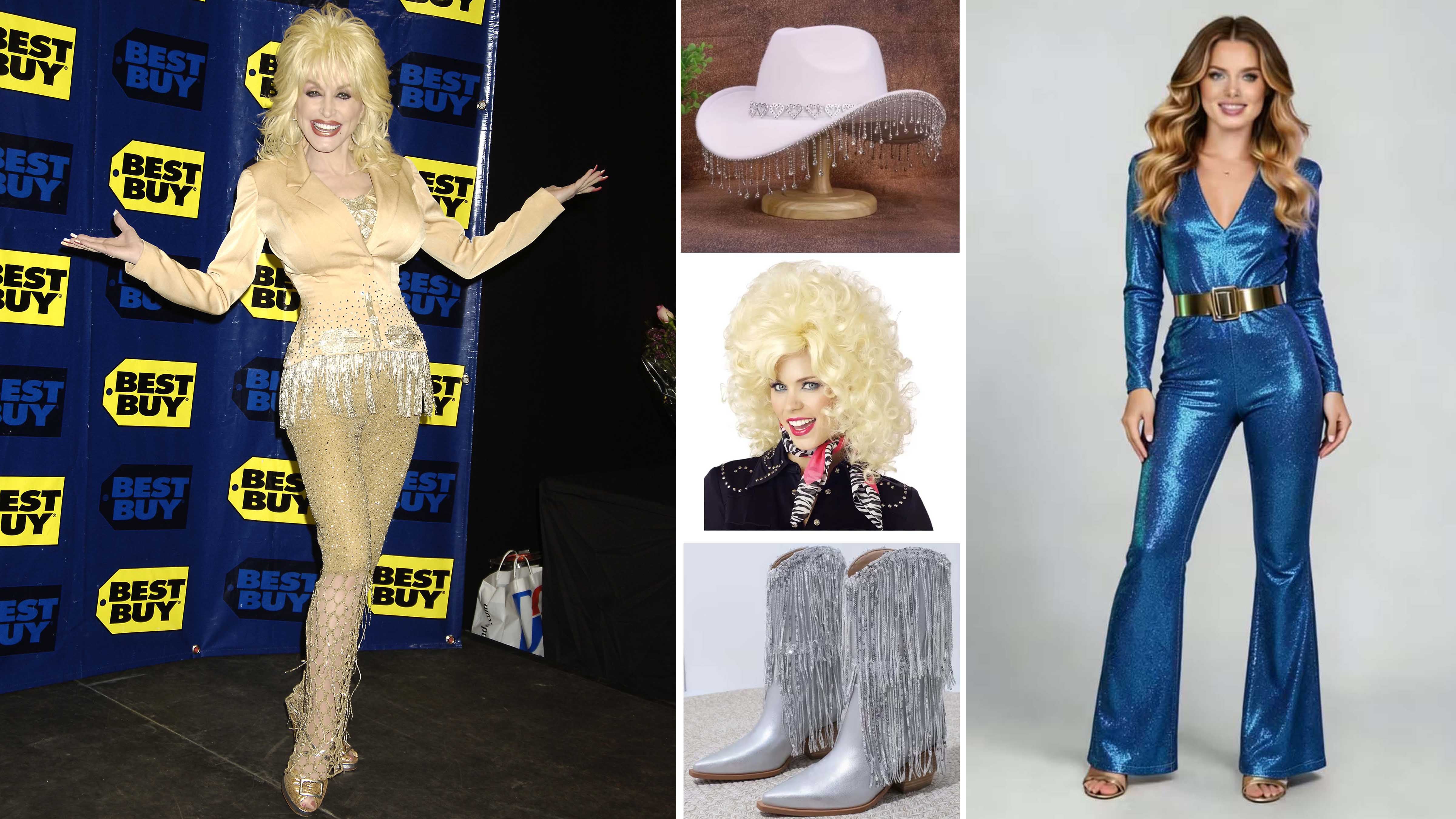 Big blonde hair, rhinestones and cowboy boots are the essentials for a Dolly Parton-inspired costume. Photos: FilmMagic; Mee Studio; creative minds; Lezhang shoes