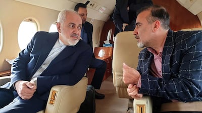 Iran Foreign Minister Mohammad Javad Zarif (left) and Iranian scientist Massoud Soleimani speaking to each other while sitting in a plane at an undisclosed location. AFP