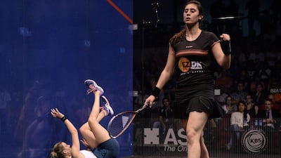 Nour El Sherbini of Egypt celebrates a point against Laura Massaro in the PSA Women's World Championship final on Saturday in Kuala Lumpur. Mohd Rasfan / AFP / April 30, 2016