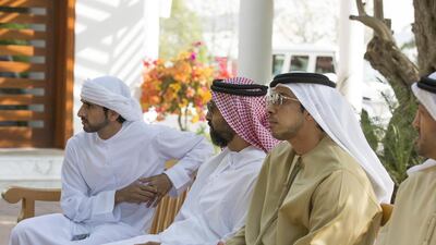 From left: Sheikh Hamdan, Crown Prince of Dubai, Sheikh Tahnoon bin Zayed, Deputy National Security Advisor and Chairman of the Presidential Aviation Authority, Sheikh Mansour bin Zayed, Deputy Prime Minister and Minister of Presidential Affairs, and Mohamed Mubarak Al Mazrouei, Undersecretary of the Crown Prince Court of Abu Dhabi, at the lunch meeting. Mohamed Al Hammadi / Crown Prince Court - Abu Dhabi