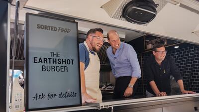 Prince William at the Sorted Food counter in central London, handing out boxed meals made through three Earthshot Prize winners on July 30. Kensington Palace / Sorted Food / PA