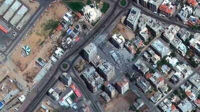 The rubble of the Hanadi Tower after it collapsed during an Israeli bombardment in Gaza city in May. AP