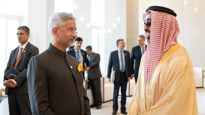 Sheikh Tahnoun bin Zayed, National Security Adviser and Deputy Ruler of Abu Dhabi, speaks to India’s Foreign Minister Dr Subrahmanyam Jaishankar. Abdulla Al Bedwawi / Presidential Court