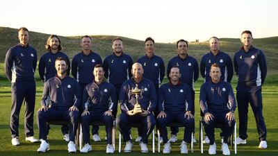 European team players (BACK L/R): Europe's Swedish golfer Henrick Stenson, Europe's English golfer Tommy Fleetwood , Europe's English golfer Paul Casey, Europe's English golfer Tyrell Hatton, Europe's Danish golfer Thorbjorn Olesen, Europe's Italian golfer Francesco Molinari, Europe's Swedish golfer Alex Noren and Europe's English golfer Justin Rose, FRONT(L/R): Europe's Spanish golfer Jon Rahm, Europe's Northern Irish golfer Rory McIlroy, Europe's Danish captain Thomas Bjorn, Europe's Spanish golfer Sergio Garcia and Europe's English golfer Ian Poulter pose for a group photograph ahead of the 42nd Ryder Cup at Le Golf National Course at Saint-Quentin-en-Yvelines, south-west of Paris on September 25, 2018. Eric Feferberg / AFP