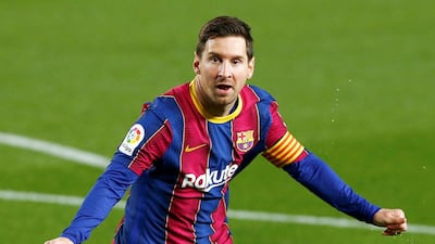 Barcelona's Lionel Messi celebrates after scoring the opening goal against Getafe at Camp Nou stadium in Barcelona on Thursday, April 22 , 2021. EPA