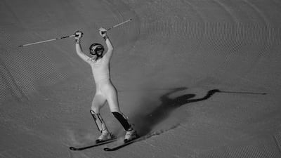 Lena Duerr of Team Germany celebrated during the women's slalom run one on day 12 of the Milano Cortina 2026 Winter Olympics at Tofane Alpine Skiing Centre on February 18, 2026 in Cortina d'Ampezzo, Italy