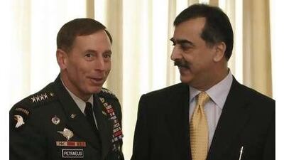 Gen David Petraeus and Yousaf Raza Gilani, the Pakistan prime minister, in Islamabad.