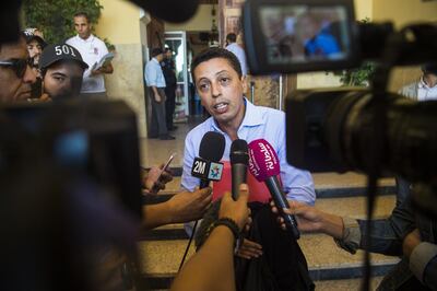 Youssef Chehbi, one of the lawyers of Moroccan teenager Khadija, speaks to journalists outside the courthouse. AFP